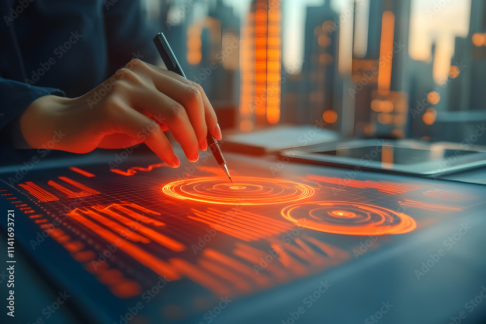 Poster hand using stylus on futuristic tablet displaying data.
