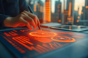 Hand using stylus on futuristic tablet displaying data.