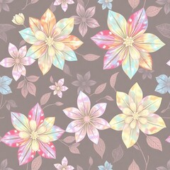 Obraz premium Floral Fantasy Seamless Pattern: A vibrant and whimsical floral pattern featuring a captivating array of colorful blooms, delicate leaves, and a soft, earthy background.