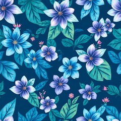 Fototapeta premium Blue Floral Pattern: A seamless pattern featuring vibrant blue and purple flowers with green leaves on a deep blue background.