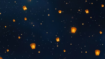 Fototapeta premium Chinese orange lanterns floating in navy-blue night sky, festive atmosphere, 