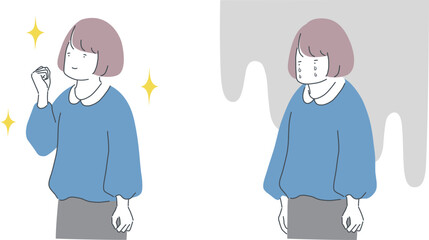 ガッツポーズする女性と落ち込む女性の比較イラスト
