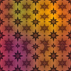 Cosmic Starburst Pattern: A mesmerizing seamless texture featuring intricate star motifs in warm, autumnal hues. Perfect for backgrounds, textiles, and decorative design projects.