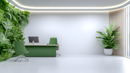 A modern workspace with a green desk, green office chair, and plenty of greenery, creating a fresh and inspiring environment