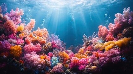 Fototapeta premium Vibrant coral reef, sunlit ocean scene.
