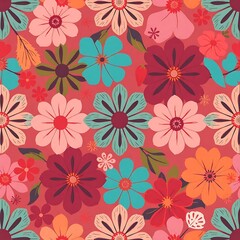 Fototapeta premium Vibrant Floral Fiesta: A lively, repeating pattern of colorful flowers in a bold, retro style. Perfect for textile design, wallpaper, or any project needing a burst of color.