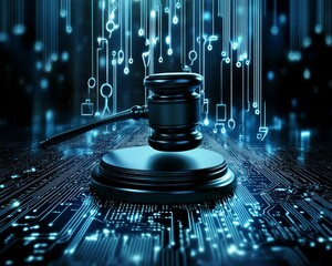 Lady justice holding scales representing artificial intelligence in law. Legal advice on digital technologies, business, finance, intellectual property. Legal consultant, corporate lawyer.