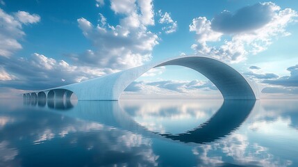 Modern concrete arch bridge over calm sea under a bright sky.
