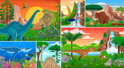 Prehistoric dinosaur characters collage with Jurassic lizards and dino animals, vector background. Funny T-rex tyrannosaurus with mammoth of ice age and giant dinosaur in forest for kids dino world © Vector Tradition