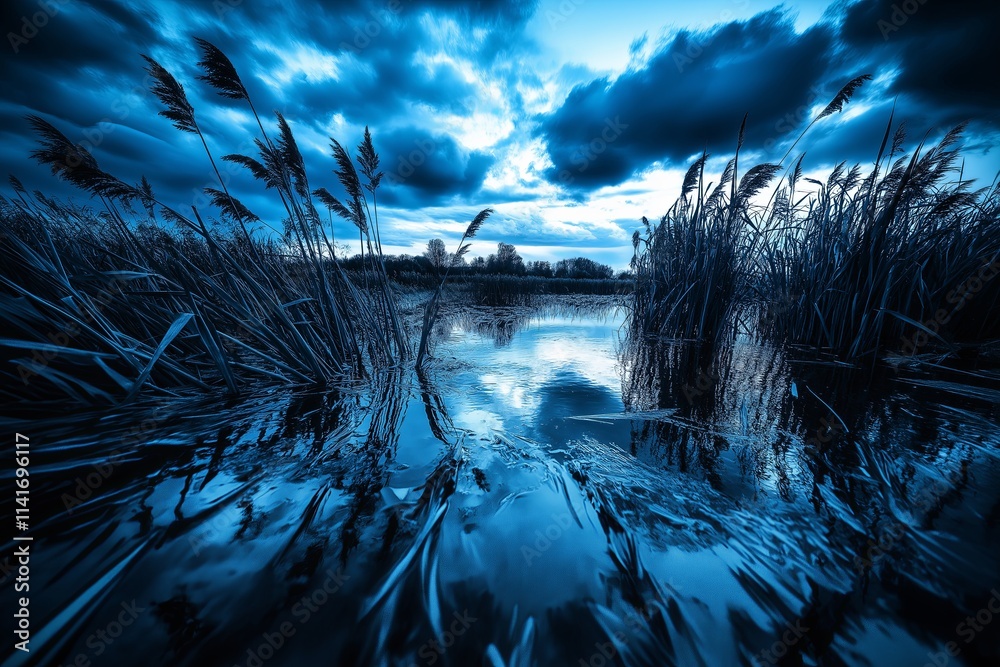 Poster a tranquil marshland with mirror-like reflections of the sky and reeds swaying gently in the breeze