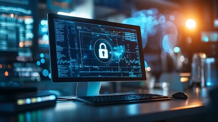 A concept image showing a computer screen with a lock icon over health data, representing the security and privacy of electronic medical records 