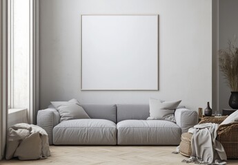 Fototapeta premium Living room with a grey sofa, blank poster on the wall, and minimalist decor.