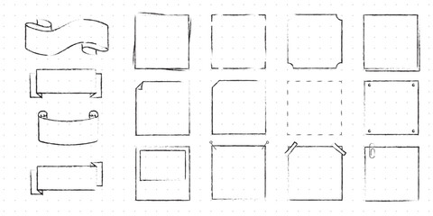 Set of Cute Hand drawn Doodle Banners and Ribbons isolated on white background for your Design. Bullet journal Ideas. Girly Stuff. Sticky Notes.