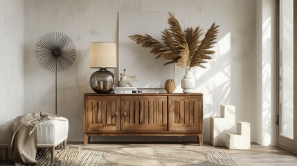 Contemporary Tropical Living Room with Wooden Commode, Dried Leaves, Sleek Lighting, and Elegant Accessories