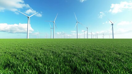 An open green field with wind turbines in the distance, each turbine slowly rotating under a bright blue sky. This clean energy concept captures the beauty of renewable resources in nature.
