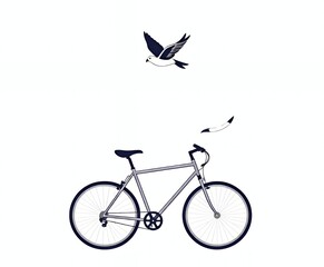 there is a bird flying over a bicycle with a bird on it.