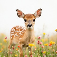 Fototapeta premium Delicate fawn grazing in a flower-filled meadow nature scene springtime serenity close-up perspective wildlife beauty