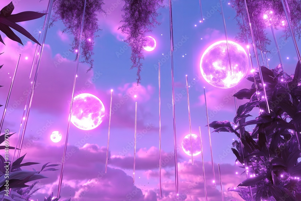 Poster a surreal sky with multiple moons glowing in soft lavender tones