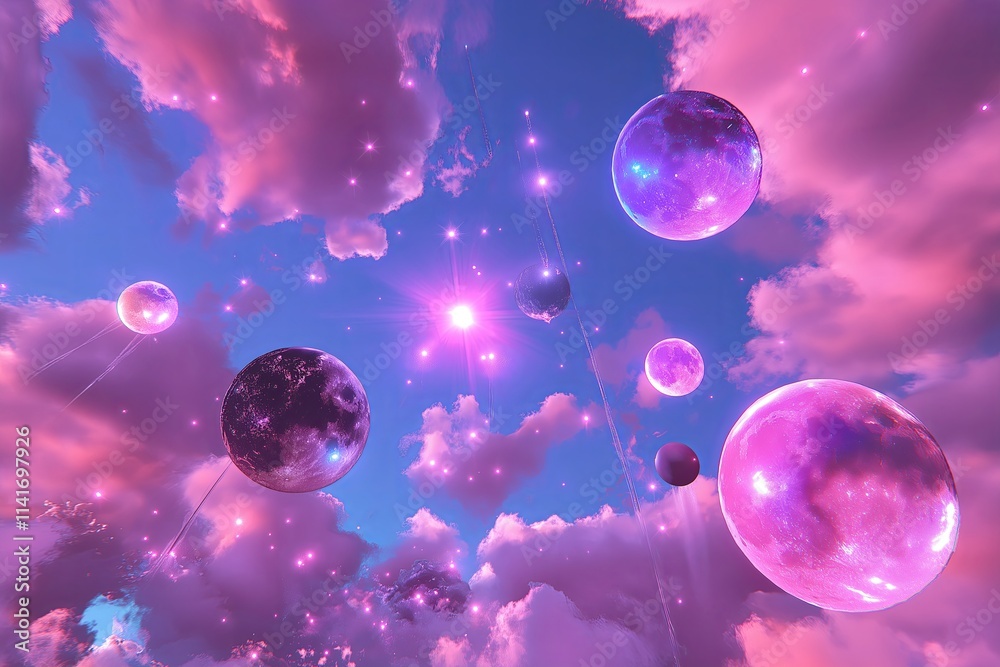 Poster a surreal sky with multiple moons glowing in soft lavender tones