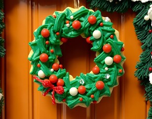 arafly decorated wreath on a door with red and white decorations.