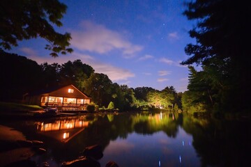 Fototapeta premium A starry night over a calm, remote lake with the Milky Way stretching across the sky
