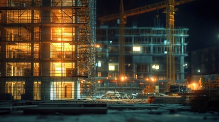 Fototapeta premium Night Construction Site: Illuminated Buildings Under Construction