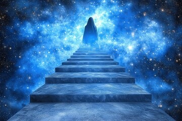 A mysterious figure cloaked in darkness ascends a stone staircase towards a vibrant, star-filled cosmic background, evoking feelings of wonder.