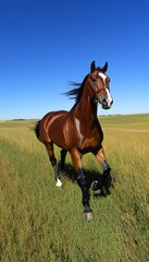 Fototapeta premium A brown horse gallops through a vibrant green field under a clear blue sky.