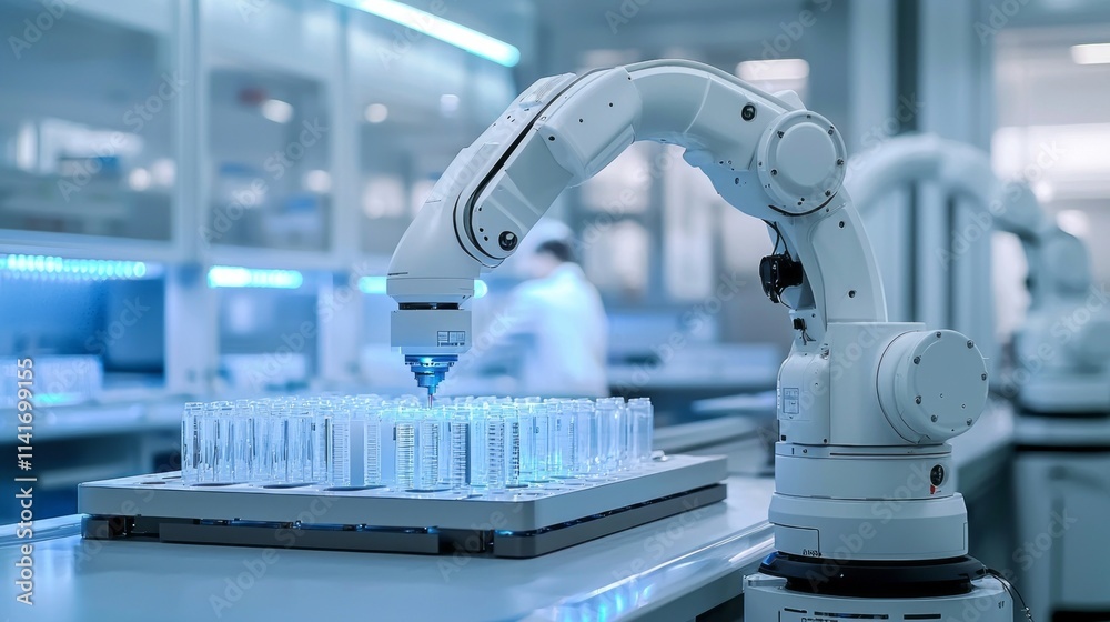 Poster A robot is working on a table with many glass containers