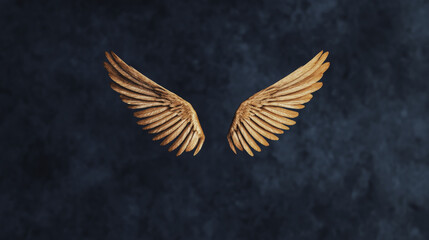 Obraz premium stunning pair of angel wings crafted from wood, glowing softly against dark background, evoking sense of divinity and wonder