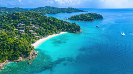 Fototapeta premium Serene aerial view of tropical island crystal clear turquoise waters lush green hills peaceful beach idyllic landscape