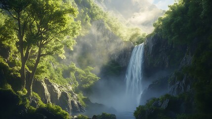 Sunlit waterfall cascading down a lush green mountainside, mist and fog enveloping the base.