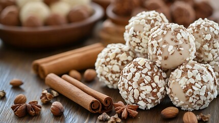 Holiday Sweets on Wooden Table with Cinnamon Sticks and Nuts