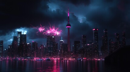 Obraz premium City skyline with purple fireworks.