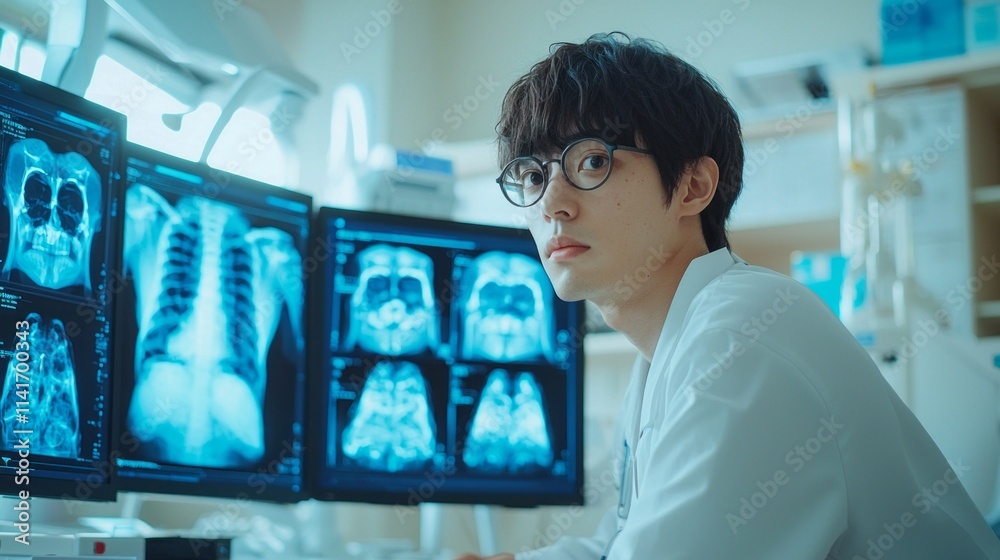 Aufkleber A man in a white lab coat is looking at a computer monitor displaying a series o