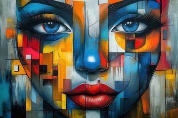A striking portrait of a woman with vibrant colors and bold geometric patterns, showcasing detailed blue eyes and vivid red lips.