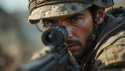 Fototapeta premium highly detailed closeup photo of an solder looking through his sights on his rifle