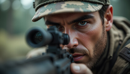 Fototapeta premium highly detailed closeup photo of an solder looking through his sights on his rifle