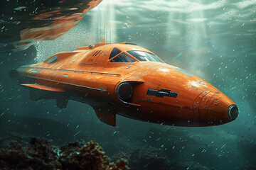 Fototapeta premium Beautiful large bathyscaphe floating in middle of ocean during exploration