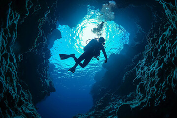 Beautiful diver goes on an underwater adventure in frighteningly deep sea