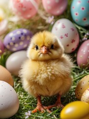 Happy Easter yellow chick with Easter eggs surrounded by spring flowers on a floral background. Easter concept