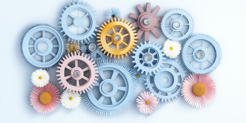 Colorful gears and flowers create a whimsical, artistic composition, blending mechanical elements with natural beauty.