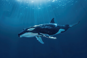 Fototapeta premium Fantastically beautiful majestic huge whale in deep ocean