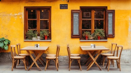 Cafe with tables and chairs by yellow wall.