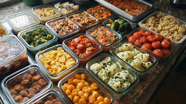 Organized meal prep containers with assorted vegetables and grains symbolize efficient meal planning.