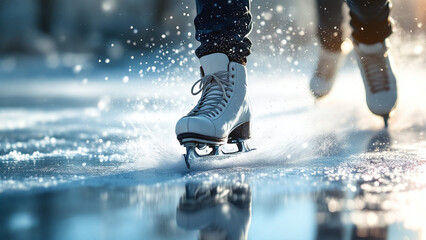 A figure skater on a skating rink glides across the ice, creating a splash with a joyful expression on her face.