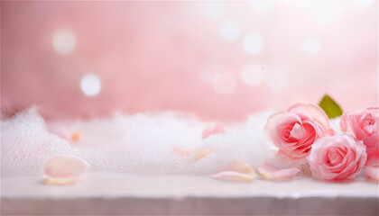 Images with petals and foam against a simple, elegant background with a soft pastel pink gradient on a flat surface
