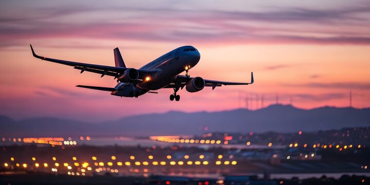 Airplane In Flight At Twilight With Blurred Cityscape