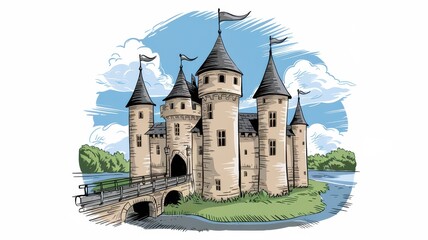 Obraz premium Majestic Castle Beside a Tranquil River and Lush Greenery