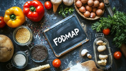 Fodmap diet concept with fresh ingredients like vegetables, herbs, and grains surrounding a chalkboard.